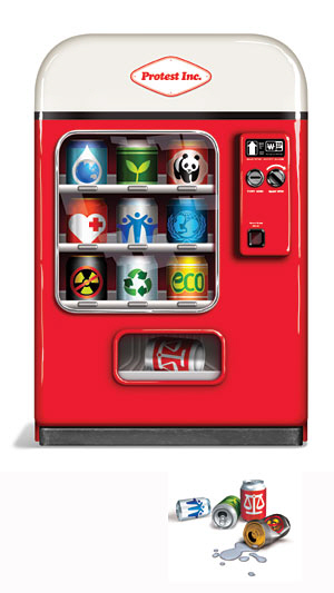 기업들이 ‘착한기업’으로의 이미지 메이킹을 위해 마치 자판기에 든 음료수를 뽑아먹듯 돈으로 시민사회운동단체를 사는 현실을 풍자한 그림. 캔에는 세계자연기금, 해비타트, 유니세프 등의 로고가 찍혀있다.