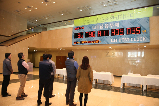 24일 LH(한국토지주택공사) 직원들이 경기 성남 분당구 정자사옥 로비에 설치된 ‘부채시계’를 보며 판매 혁신을 통한 부채 감축을 다짐하고 있다.