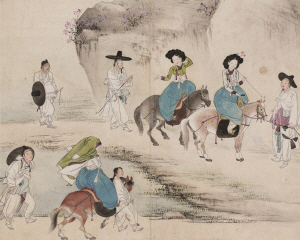 신윤복의 ‘연소답청’. 그림 속 기생은 장죽을 물고 있다.