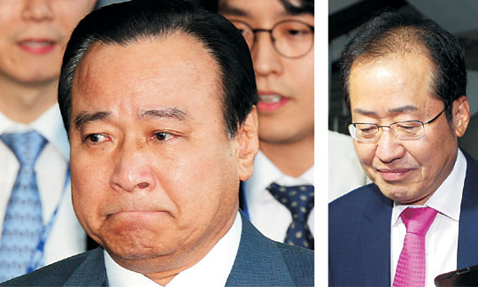 이완구 전 총리가 27일 정부서울청사에서 퇴임식을 마친 후 청사를 떠나며 눈시울을 붉히고 있다.(왼쪽) 홍준표 경남지사가 28일 오전 도청으로 출근하며 기자들의 질문에 굳은 표정을 짓고 있다. 신창섭 기자 bluesky@, 연합뉴스
