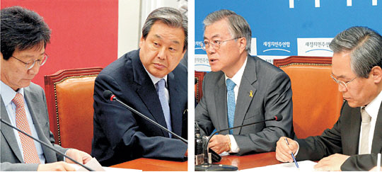 공무원 연금 개혁 여야 합의안에 대해 정치권 안팎의 비판이 거세지고 있는 가운데 4일 오전 여의동 국회에서 새누리당 김무성(왼쪽 사진 오른쪽) 대표와 유승민 원내대표, 새정치민주연합 문재인(오른쪽 사진 왼쪽) 대표와 우윤근 원내대표가 각각 최고위원회의를 주재하고 있다.