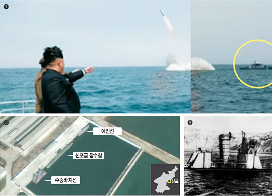 지난 8일 김정은 북한 국방위원회 제1위원장이 잠수함발사탄도미사일(SLBM)의 발사 현장을 참관했다며 북한 측이 공개한 사진을 오른쪽으로 확대해 정밀 분석한 결과 노란색 원 안에 예인선으로 보이는 배가 보인다. 북한은 이 부분을 포토샵 처리해 지운 것으로 추정된다.(사진 1) 북한 신포조선소에 정박된 수중바지선과 신포급 잠수함, 예인선.(사진 2) 구소련에서 1950년대 사용된 PSD-4수중바지선.(사진 3) 연합뉴스·디지털글로브·암스 컨트롤 웡크 웹사이트