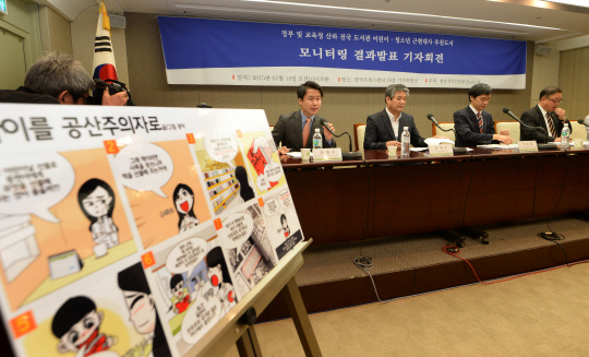19일 오전 한국프레스센터에서 ‘청년지식인포럼 Story K’ 관계자들이 정부 및 교육청 산하 전국 도서관의 어린이·청소년 근현대사 추천도서 모니터링 결과를 발표하고 있다.  김동훈 기자 dhk@