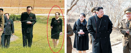 김정은(오른쪽 사진 가운데) 북한 국방위원회 제1위원장의 여동생으로 5월 출산설이 제기됐던 김여정(왼쪽 사진 붉은 원 안) 당 부부장이 29일 47일 만에 공개석상에 나타난 노동신문 보도 사진에는 원피스를 입은 허리둘레가 둥그스름해 최근 출산했을 가능성이 제기됐다. 이보다 앞선 3월 12일 신도방어중대 시찰 시 김여정(오른쪽 붉은 원 안) 부부장은 배 부위가 둥글게 솟아 있어 출산이 임박한 것으로 분석됐다.  연합뉴스