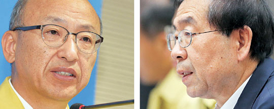 문형표 보건복지부 장관이 5일 오전 정부세종청사에서 기자브리핑을 통해 “박원순 서울시장의 메르스 관련 발표가 잘못됐다”고 밝히고 있다.(왼쪽) 전날 “감염된 의사가 시민 1500여 명을 접촉했다”고 밝혀 파문을 일으킨 박 시장은 이날 오전 서울시청에서 메르스 관련 긴급 대책회의를 열었다. 정하종 기자 maloo@, 연합뉴스