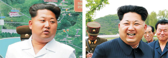 또 김정은 북한 국방위원회 제1위원장의 건강이상설이 나오고 있다. 노동신문이 9일 자 1면에 실은 왼쪽 사진에서 전쟁사적지를 시찰하는 김 제1위원장의 얼굴 위로 빗어넘긴 머리카락 앞부분이 하얗게 세어 있는 반면, 같은 매체가 지난 5월 15일 신창양어장 현지지도를 보도한 오른쪽 사진에는 흰 머리카락이 보일 듯 말 듯한 모습이다.