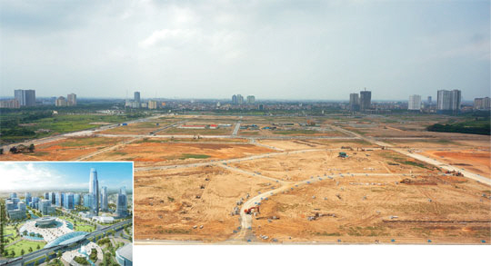 대우건설이 베트남 하노이시에 짓고 있는 ‘스타레이크 시티 신도시 조성 사업’ 현장. 6월 현재 부지 조성 작업이 한창인 이 신도시는 민간 주도의 첫 한국형 신도시 수출 사업으로 꼽히고 있다. 왼쪽은 조감도.