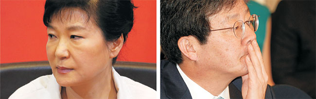 박근혜(왼쪽) 대통령이 25일 국무회의에서 사실상 유승민 새누리당 원내대표의 사퇴를 촉구한 데 대해 유 원내대표가 거부 의사를 밝히면서 당·청 갈등이 현 정부 들어 최고조에 달하고 있다. 청와대 측은 26일 ‘가능한 모든 수단을 동원하겠다’며 압박 수위를 높였고 새누리당 친박(친박근혜)계도 ‘지도부 동반사퇴론’으로 가세했지만 유 원내대표는 이날 오전까지 거취 표명을 하지 않고 있다. 연합뉴스·김선규 기자 ufokim@