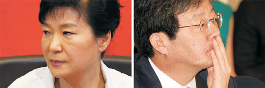 박근혜(왼쪽) 대통령이 25일 국무회의에서 사실상 유승민 새누리당 원내대표의 사퇴를 촉구한 데 대해 유 원내대표가 거부 의사를 밝히면서 당·청 갈등이 현 정부 들어 최고조에 달하고 있다. 청와대 측은 26일 ‘가능한 모든 수단을 동원하겠다’며 압박 수위를 높였고 새누리당 친박(친박근혜)계도 ‘지도부 동반사퇴론’으로 가세했지만 유 원내대표는 이날 오전까지 거취 표명을 하지 않고 있다. 연합뉴스·김선규 기자 ufokim@