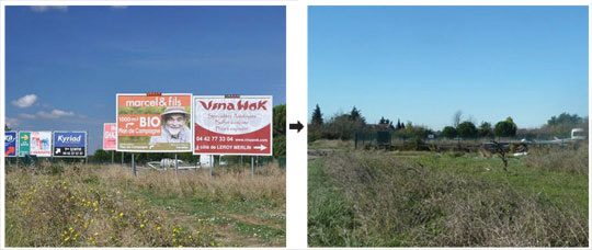 프랑스 남부 프로방스 알프코트다쥐르주 도로변 불법 옥외 광고물 철거 전(왼쪽)과 철거 후의 모습.  한국옥외광고센터 제공
