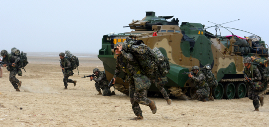 29일 오전 충남 태안군 안면도 일대에서 실시된 해군·해병대 합동상륙훈련에서 해병대원들이 상륙함에서 내린 뒤 돌격하고 있다.