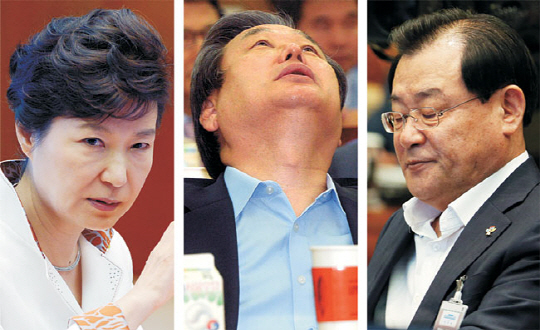 유승민 새누리당 원내대표의 거취 문제를 둘러싸고 당·청 핵심 관계자들이 입장 차이만큼이나 다양한 표정을 보이고 있다. 왼쪽부터 29일 청와대 수석비서관 회의에서 매서운 표정으로 지시를 하는 박근혜 대통령, 30일 국회 의원회관에서 열린 ‘새누리당 통일경제교실’에서 천장을 보며 한숨을 내쉬고 있는 김무성 대표, 29일 청와대 수석비서관회의에서 굳은 표정을 짓고 있는 이병기 대통령 비서실장.  김선규 기자 ufokim@, 연합뉴스