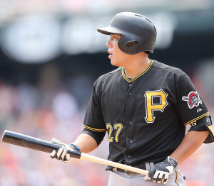 강정호가 3일(한국시간) 미국 미시간주 디트로이트의 코메리카파크에서 열린 디트로이트 타이거스와의 원정경기에서 4회 타석에 들어선 뒤 3루 코치의 사인을 기다리고 있다.  AFP연합뉴스