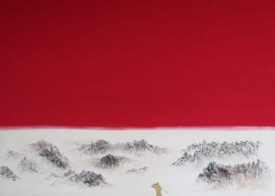 떠오르는 태양을 담다. 떠오르는 태양을 맞으며 원하는 곳으로 드라이버를 날린다. 마치 태양 속으로 빨려 들어가듯이 뜨거운 에너지는 나를 앉는다. 2015년 작. 김영화 화백