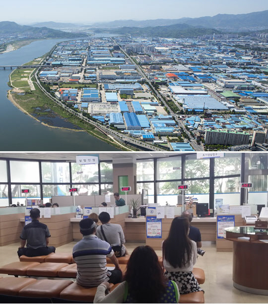 낙동강을 끼고 있는 경북 구미국가산업단지 전경(사진 위).  수출부진으로 산업도시 구미도 침체를 면치 못하고 있는 가운데 최근 경북 구미시 송정동 구미고용노동지청 실업급여 창구 앞에서 실직자들이 실업급여를 신청하기 위해 늘어서 있다(사진 아래).