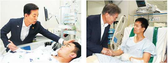 북한의 비무장지대(DMZ) 지뢰 도발로 중상을 입은 하재헌(21·왼쪽 사진 오른쪽) 하사와 김정원(23) 하사를 한민구(왼쪽 사진 왼쪽) 국방부 장관과 문재인 새정치민주연합 대표가 각각 7일과 11일 방문해 위로하고 있다. 국방부 제공·국회 사진기자단