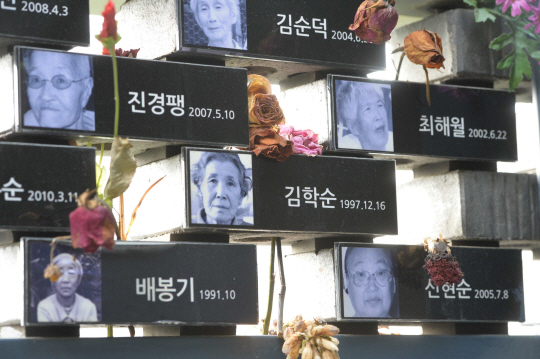 광복 70주년을 이틀 앞둔 13일 오전 서울 마포구 성산동 전쟁과여성인권박물관 추모관에 위안부 희생 할머니의 모습과 이름, 사망일이 적힌 기념석이 촘촘히 쌓여 있다.