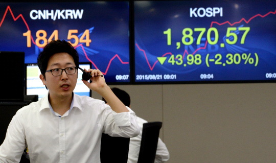 21일 코스피가 장중 1900선 아래로 내려앉은 가운데 이날 오전 서울 중구 명동 외환은행 본점 딜링룸에서 딜러들이 긴장된 표정으로 금융시장의 움직임을 파악하고 있다.
