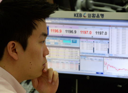 24일 오전 장중 한때 원·달러 환율이 1200원을 기록하며 급등세를 보이고 있는 가운데, 서울 중구 명동 외환은행 딜링룸에서 한 딜러가 모니터를 주시하고 있다.