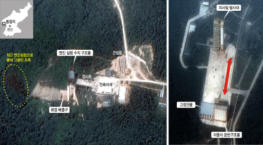북한이 평안북도 철산군 동창리 서해 발사장의 시설들을 계속 확충하고 있다고 북한 전문 웹사이트 ‘38노스’가 4일 위성사진을 공개했다. 지난 1일 촬영한 왼쪽 사진의 검푸른 숲은 7월 말~8월 초 사이 엔진실험의 영향 때문에 불에 그을린 것으로 분석됐다. 같은 날 찍은 오른쪽 사진에는 이동식 운반구조물이 미사일 발사대와 발사 준비용 고정 건물 사이를 레일 위로 오가고 있는 것으로 나타났다.  38노스 제공