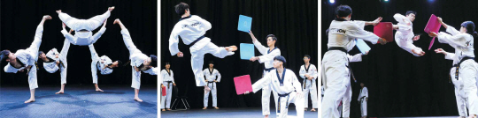 국기원 태권도 시범단원들이 지난 3일 ‘위대한 태권도’ 상설 공연의 안무(왼쪽 사진)와 공중 발차기 격파 훈련을 하고 있다. 신창섭 기자