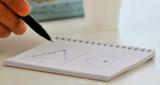 홍상수 감독이 자신의 영화와 일반 상업영화의 차이점에 대해 수첩에 ‘원’과 ‘삼각형’을 그리며 설명하고 있다.