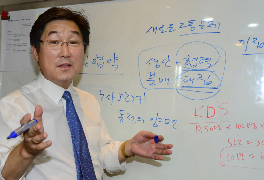 김동원 고려대 경영전문대학원장이 지난 9월 16일 고려대 안암캠퍼스 강의실에서 “어느 시대에나 체제와 상관없이 협력과 대립을 기본으로 하는 노사문제가 늘 존재해 왔다”면서 “새로운 시각과 경험, 문제의식을 느끼고 해결하려는 의지가 중요하다”고 강조하고 있다.  신창섭 기자 bluesky@munhwa.com