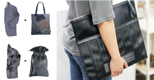 양복 상의와 하의 등을 원단으로 만든 직소백(zigsaw bag·왼쪽 위)과 가죽 재킷을 재활용해 만든 백팩(〃 아래), 오른쪽은 파우치.