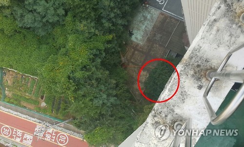 용인 ‘캣맘’ 벽돌 사망사건 용의자가 검거된 16일 오후 사건이 발생한 경기도 용인시의 한 아파트 옥상 벽돌 투척지점에서 바라본 사건 현장(붉은 원) 모습.