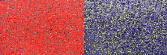 안영일 화백의 ‘물(Water) 시리즈’ 작품들 세부. 반짝이는 물결을 연상시키는 사각형의 작은 색점들로 원색의 화면이 빼곡히 채워져 있다.