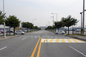 일반 도로가 사라지기 전인 지난 2013년 수출 차량이 20m 거리의 야적장 사이를 건너가고 있다.   현대글로비스 제공