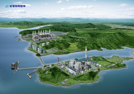 두산중공업이 1000㎿급 초초임계압(USC) 방식 설비를 공급해 건설 중인 한국중부발전 신보령화력발전소 1, 2호기 조감도.  두산 제공