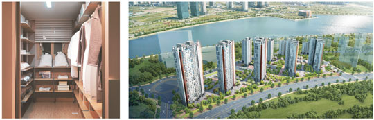 현대건설이 인천 연수구 송도국제도시에서 분양 중인 ‘힐스테이트 레이크 송도’ 아파트 드레스룸(왼쪽)과 조감도. 오는 11일부터 계약에 들어가는 힐스테이트 레이크 송도는 최근 청약 신청을 받은 결과 평균 2.74대 1의 경쟁률로 마감됐다.