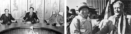왼쪽 사진은 1981년 국내 최초 민간 싱크탱크인 한국경제연구원 설립 당시 정주영(가운데) 회장과 이병철(왼쪽) 삼성창업주의 모습. 오른쪽 사진은 지난 1982년 한미수교100주년 기념 등산대회에서 리처드 워커 주한 미 대사와 악수를 나누는 정 회장의 모습.