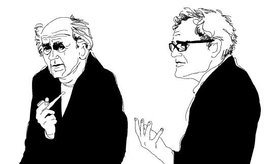 도덕적 불감증에 대한 깊은 대화를 나눈 지그문트 바우만(왼쪽)과 레오니다스 돈스키스 캐리커처. 책 읽는 수요일 제공