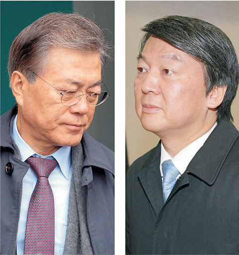 문재인(왼쪽 사진) 새정치민주연합 대표와 안철수 의원이 15일 오전 김포공항에 모습을 나타냈다. 문 대표는 정국 구상차 이틀간 부산 등지를 들렀다 귀경하는 길이고, 안 의원은 탈당 후 지역 방문 차원에서 부산으로 가는 길이다.