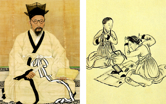 인물화가 채용신이 1911년 그린 ‘황현 초상’(왼쪽)과 풍속화가 김준근이 19세기 말 그린 ‘머리 얹는 모양’(오른쪽). 안경다리를 귀에 걸치지 않고 건(巾) 사이에 끼워 고정시킨 황현의 안경, 유리거울로 머리를 단장하는 조선 여인들의 모습이 드러나 있다.   개인소장, 숭실대 한국기독교박물관 소장