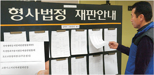 17일 서울중앙지법 2층에서 한 시민이 형사법정 재판 안내문을 살펴보고 있다. 왼쪽 아래 작은 사진은 특별법 위반 사건으로 빼곡한 재판 안내문 모습.