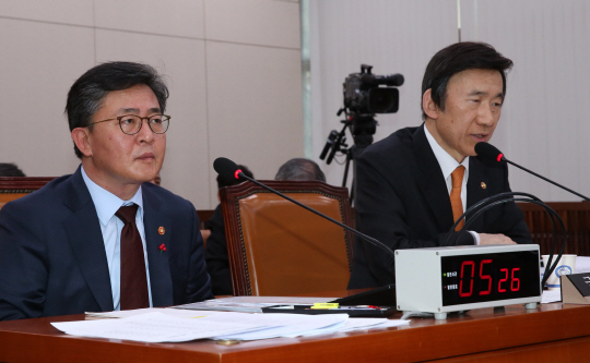 윤병세(오른쪽) 외교부 장관과 홍용표 통일부 장관이 7일 국회 외교통일위원회 전체회의에서 질의에 답변하고 있다.