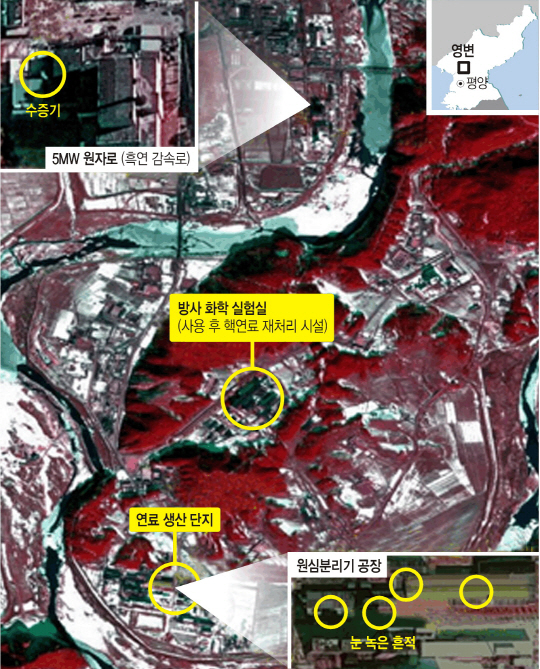 14일 미국 정책연구기관 과학국제안보연구소(ISIS)는 지난 11일 촬영된 상업용 위성사진을 토대로 북한이 영변 핵시설의 5㎿급 흑연감속로를 저출력으로 가동하고 있고, 우라늄 추출을 위한 원심분리기 역시 계속 가동한다고 추정했다. 사진은 ISIS 보고서에 수록된 영변 핵시설 모습.   연합뉴스