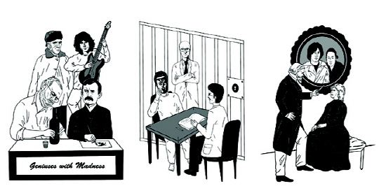 정신의학 역사 속 결정적인 순간이나 주요 주제를 보여주는 장면들. 왼쪽부터 반 고흐 등 예술 창작자들의 정신병, 사이코패스, 최면요법을 담은 책에 수록된 삽화 컷.   해냄 제공