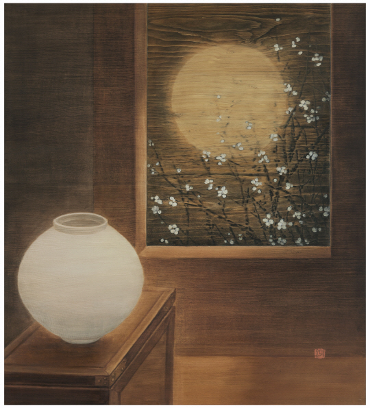 김덕용, 달을담다, 94×85㎝, 나무에 단청기법, 2015.