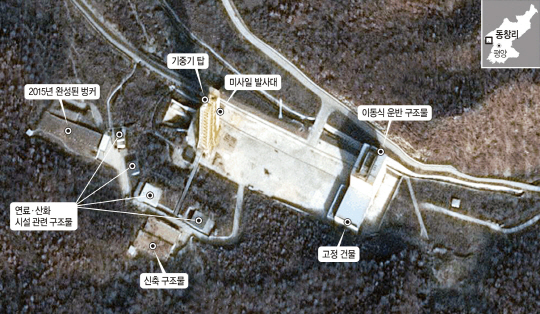 군 당국은 28일 북한이 ‘1·6 4차 핵실험’ 이후 기습적으로 장거리미사일 발사시험을 감행할 가능성에 대해 예의주시하고 있다고 밝혔다. 사진은 미국의 북한전문 웹사이트 ‘38노스’가 지난해 11월 27일 평안북도 철산군 동창리 미사일 발사장 일대를 위성 촬영한 모습. 발사대는 67m로 증축됐고, 이동식 운반 구조물이 완성됐으며 주변에 새로운 구조물들도 들어서 있다. 38노스 홈페이지