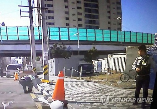 (부산=연합뉴스) 지난 3일 오전 11시 10분께 부산 영도구 봉래시장 앞 도로에 5만원권 지폐가 바람에 어지럽게 흩날려 순찰 중이던 경찰이 수거하고 있다. 부산 대교파출소