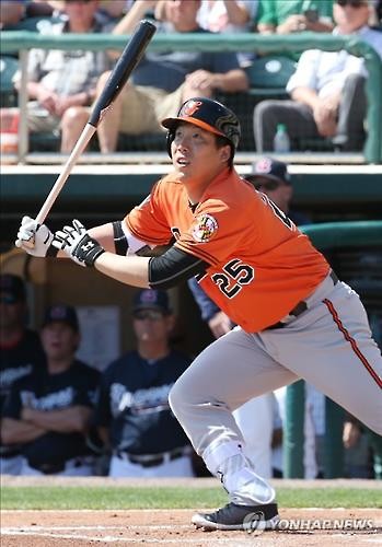 (레이크 부에나 비스타<미국 플로리다주>=연합뉴스) 미국프로야구 볼티모어 오리올스 김현수가 1일(현지시간) 오후 미국 플로리다주 레이크 부에나 비스타 챔피언 스타디움에서 열린 메이저리그 시범경기 애틀랜타 브레이브스와 방문경기, 1회초 2사 2루 첫 타석에 등장해 좌익수 플라이로 물러나고 있다.