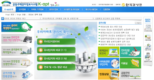 정부가 실시한 공동주택 회계감사 결과는 국토교통부가 운영하는 공동주택관리정보시스템(www.k-apt.go.kr)에 공개된다. K-apt 홈페이지 캡처