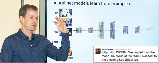 제프 딘 구글 시니어 펠로가 9일 서울 종로구 새문안로 포시즌스호텔 서울에서 열린 기자간담회에서 인공지능(AI) 학습 훈련과 향후 계획을 설명하고 있다. 그는 “구글 딥마인드팀이 게임을 테스트베드 삼아 AI훈련을 강화하는 중이다. 스타크래프트에 접목하는 방안도 고민 중”이라고 밝혀 AI컴퓨터 ‘알파고’의 다음 도전 상대가 될 것임을 시사했다. 알파고를 개발한 구글 딥마인드의 데미스 허사비스 창업자 겸 CEO가 9일 대국 이후 자신의 트위터에 알파고의 승리를 인류의 달 착륙에 비유해 글을 올렸다. (오른쪽) 연합뉴스