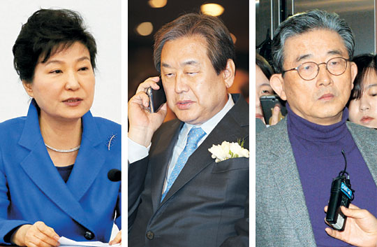 공천을 둘러싼 새누리당 내 계파 갈등이 위험수위를 넘나들고 있는 가운데 박근혜 대통령과 친박(친박근혜)계 이한구(오른쪽 사진) 공천관리위원장 사이에 낀 김무성(가운데 〃) 대표의 고심이 깊어지고 있다. 김낙중 기자 sanjoong@·연합뉴스