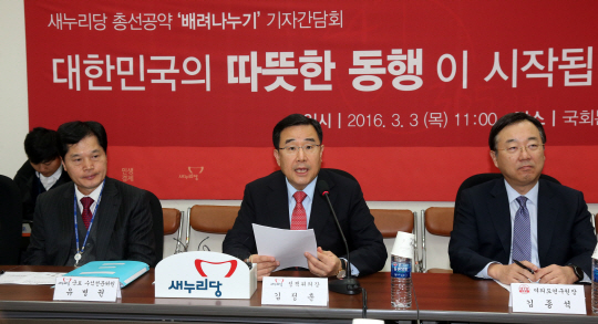 김정훈(가운데) 새누리당 정책위의장이 지난 3일 국회에서 주거안정, 건강권 보장 등 20대 총선 공약을 발표하고 있다. 연합뉴스