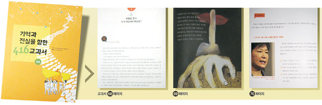 전교조가 만든 ‘기억과 진실을 향한 4·16 교과서’ 초등 교재는 68∼70페이지에 “여왕의 얼굴에서 천천히 가면이 벗겨지자 추악한 괴물의 모습이 그대로 드러났어요”라는 문장과 박근혜 대통령의 사진을 연달아 실었다.